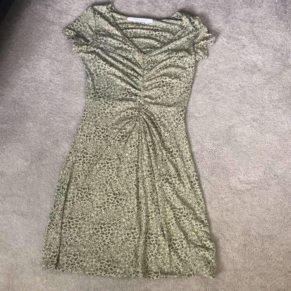 Athleta Ruched Olive and Cream Dress